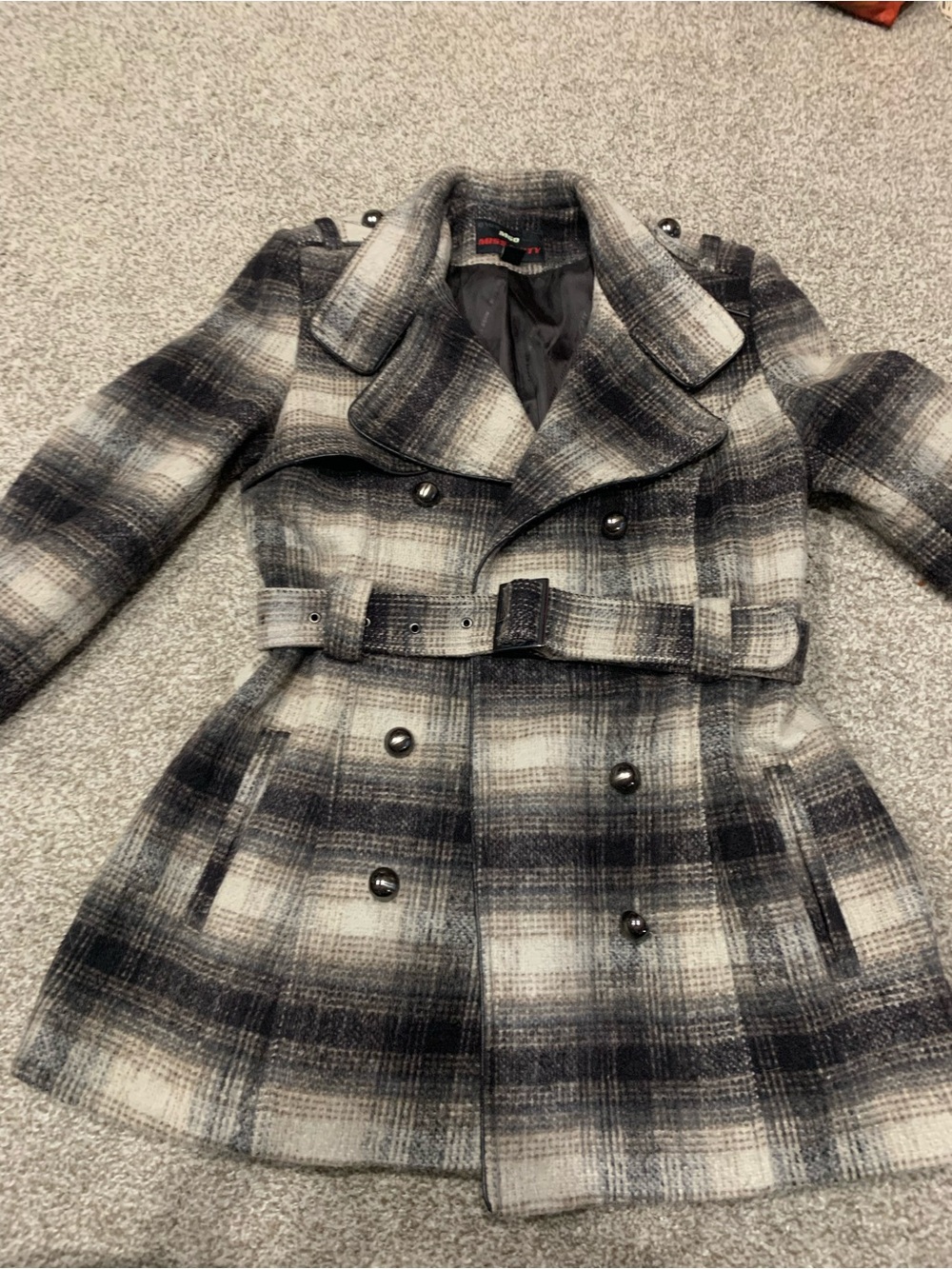 Miss Sixty Gray and Black Plaid Peacoat